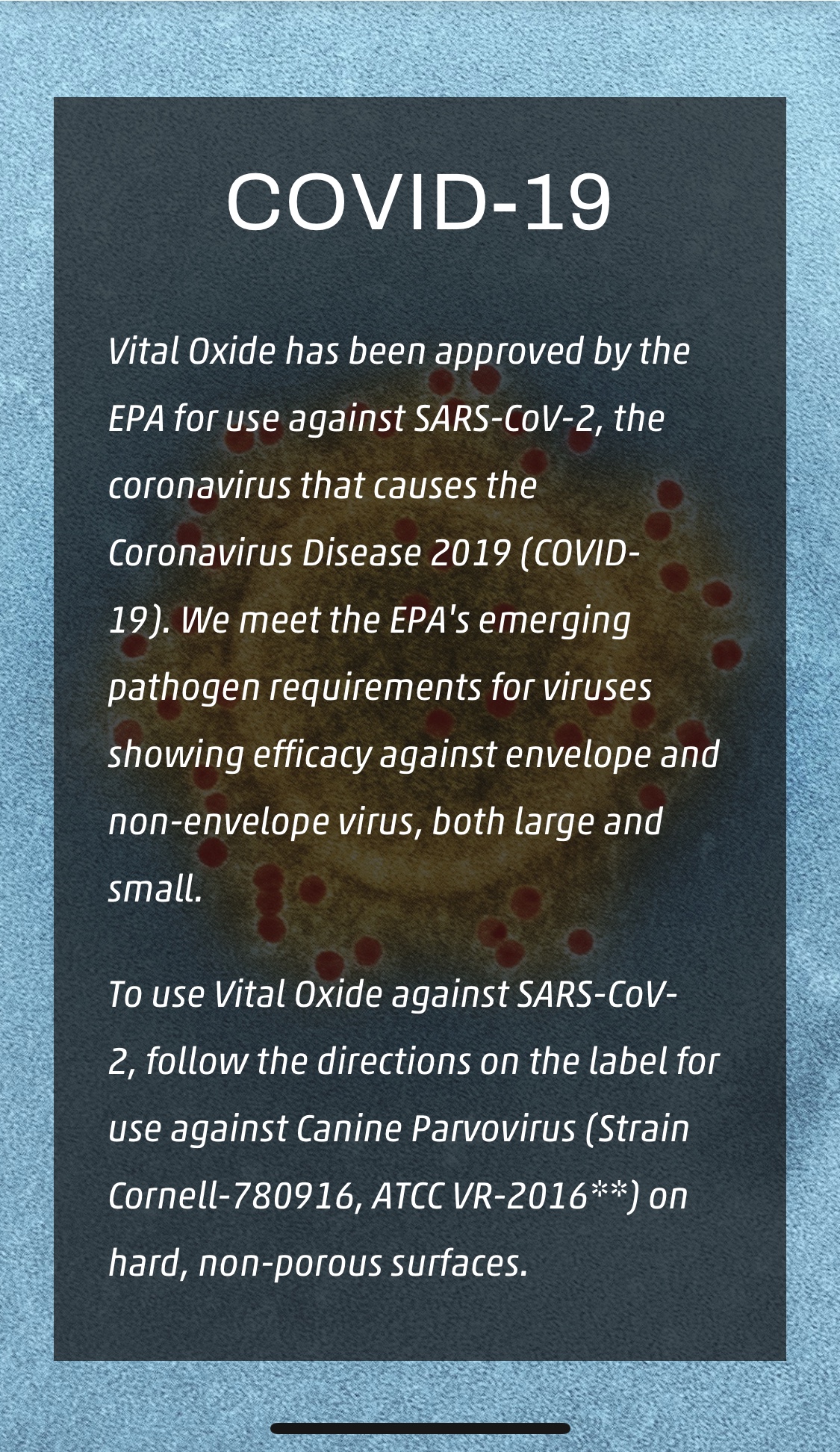 Vital Oxide approved by the EPA against SARS-CoV2 (Covid-19)